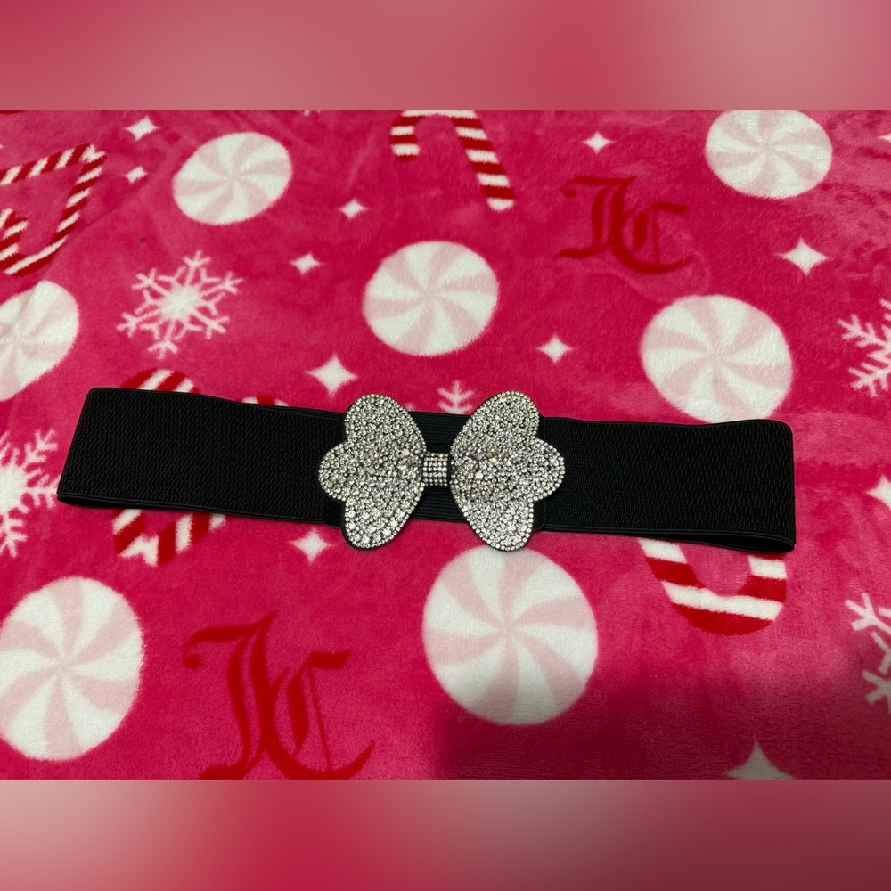 Black Waist Belt with Silver Rhinestone Bow ONE SIZE